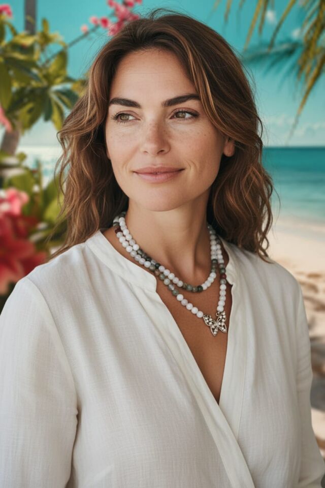 Gümüş Kelebek Yosunlu Akik ve Aytaşı Dizi Doğaltaş  Kolye