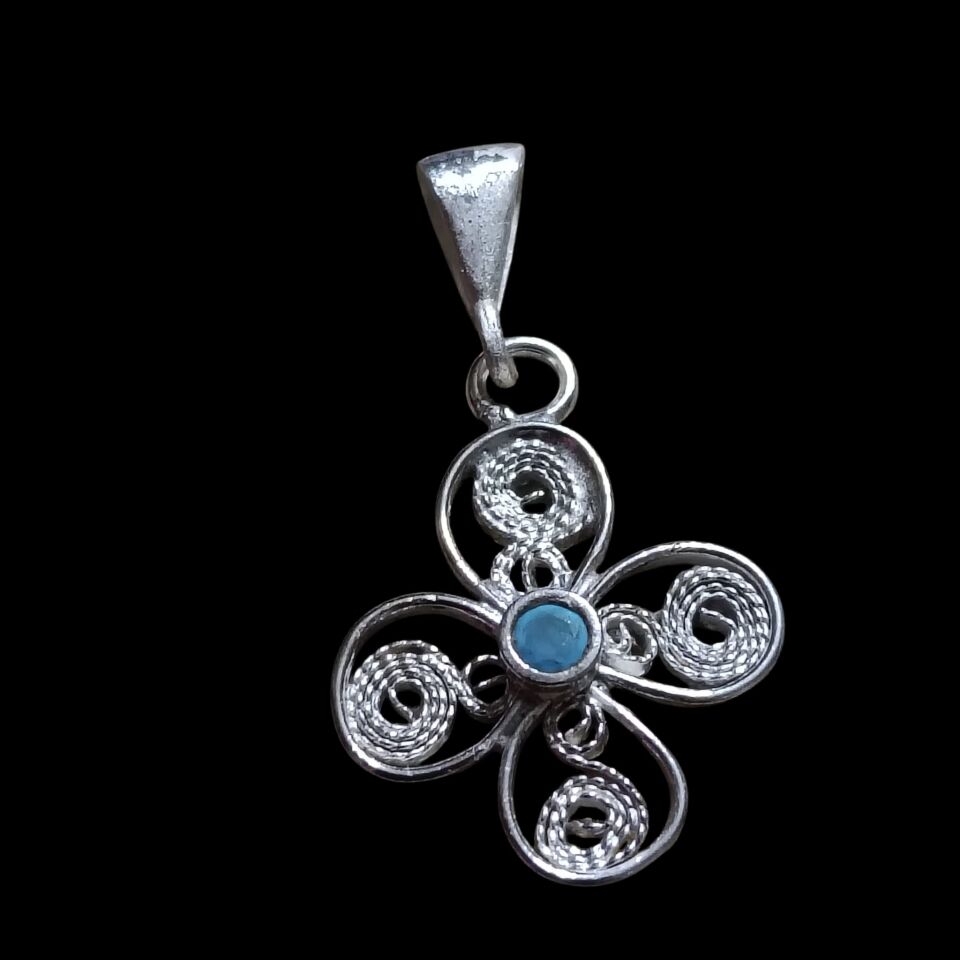 Telkari Mavi Zirkon Taşlı El Yapımı  Gümüş Kolye Ucu