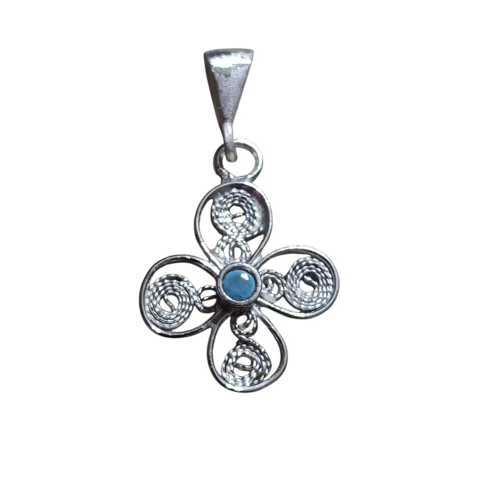 Telkari Mavi Zirkon Taşlı El Yapımı  Gümüş Kolye Ucu