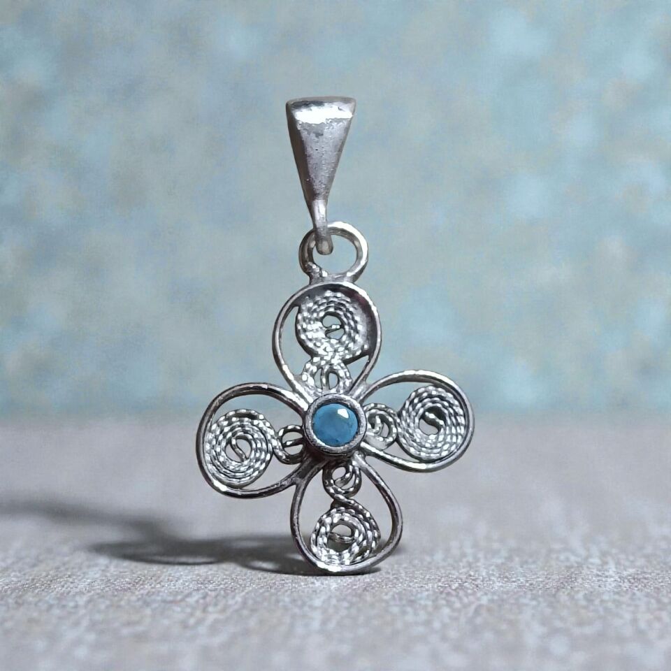 Telkari Mavi Zirkon Taşlı El Yapımı  Gümüş Kolye Ucu