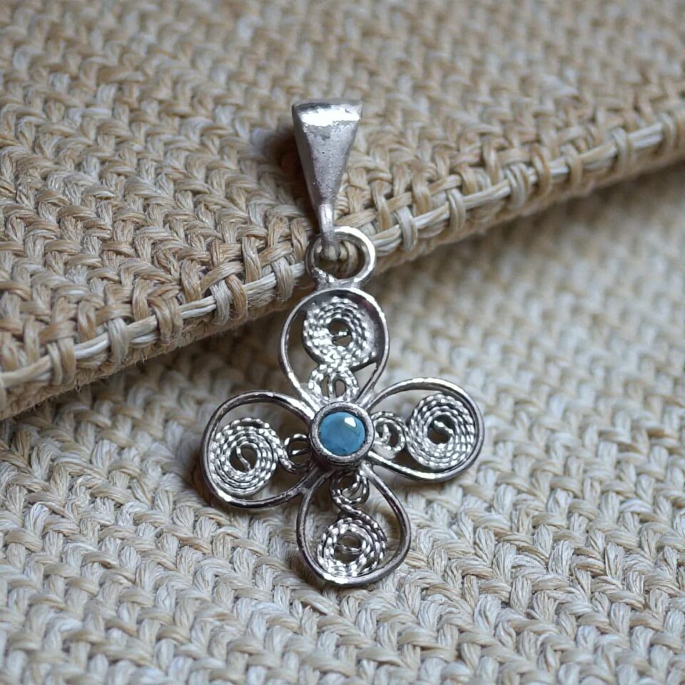 Telkari Mavi Zirkon Taşlı El Yapımı  Gümüş Kolye Ucu