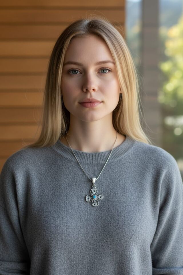 Telkari Mavi Zirkon Taşlı El Yapımı  Gümüş Kolye Ucu