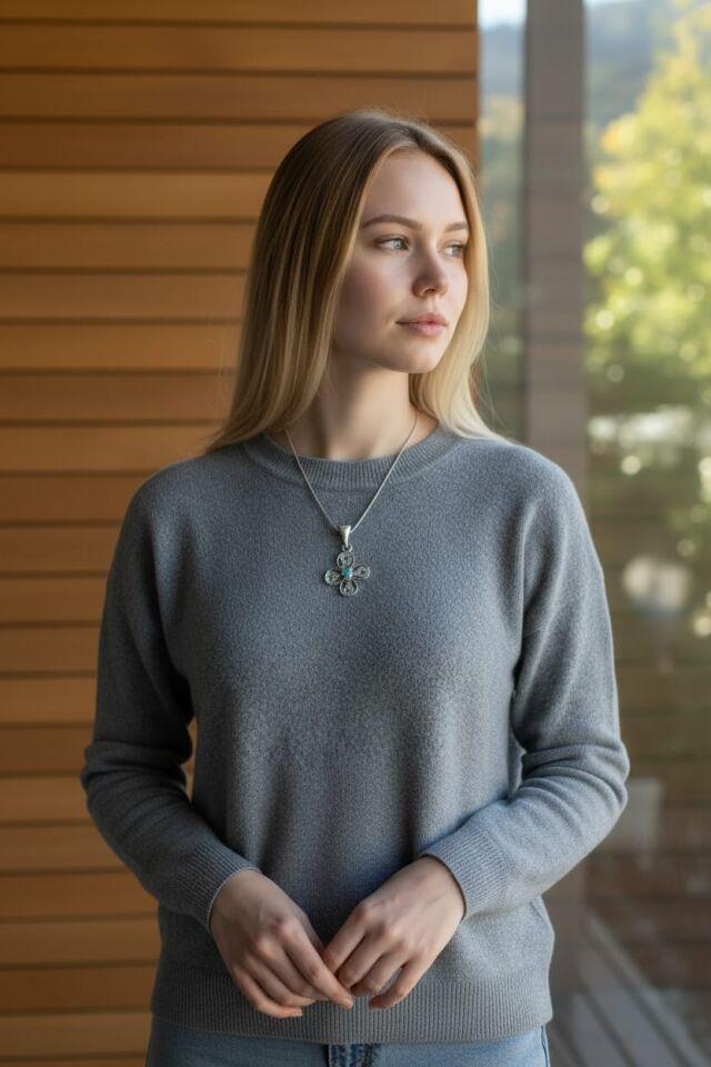 Telkari Mavi Zirkon Taşlı El Yapımı  Gümüş Kolye Ucu