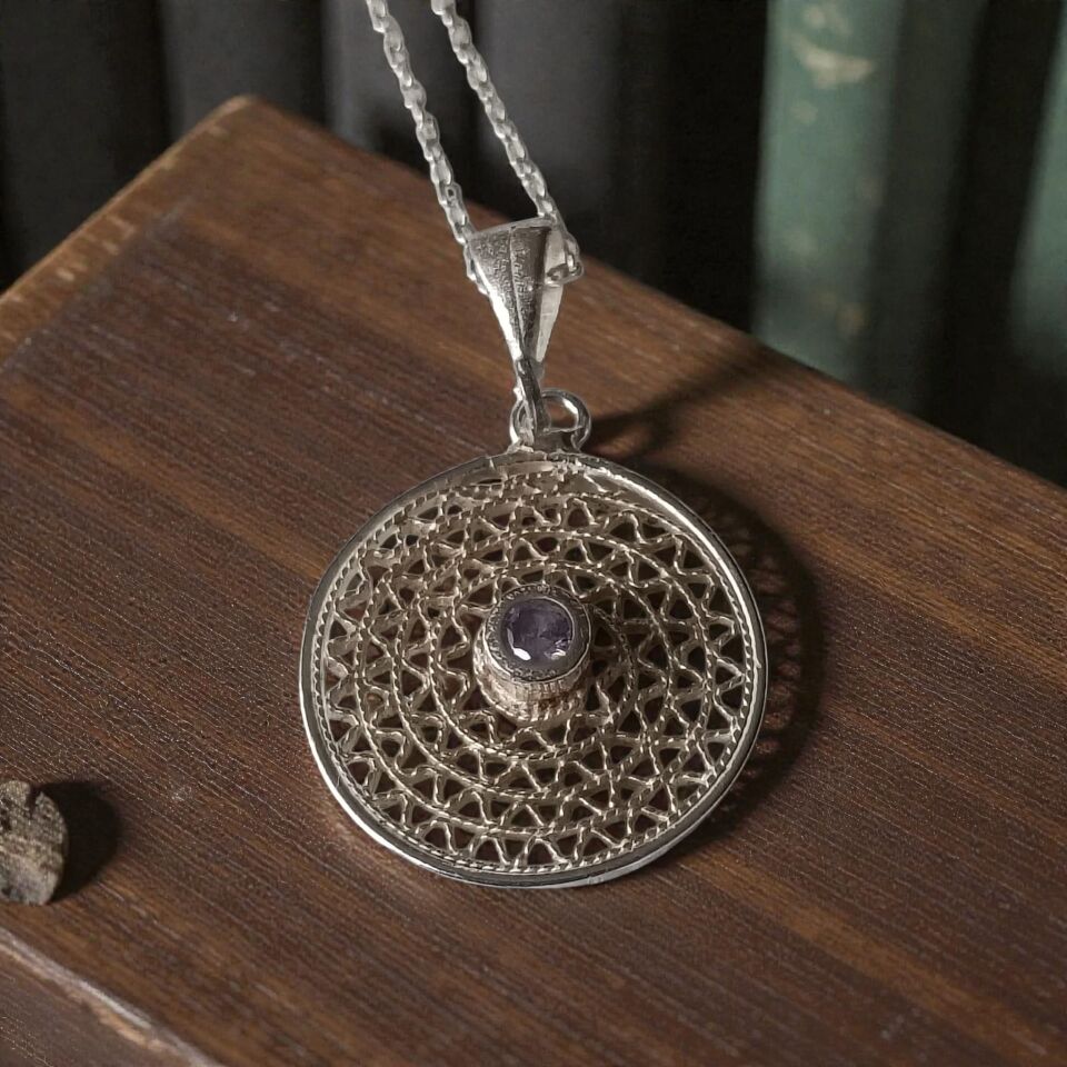 Telkari Yuvarlak Sim Dolgu Gümüş Kolye Ucu ve Gümüş Zincir