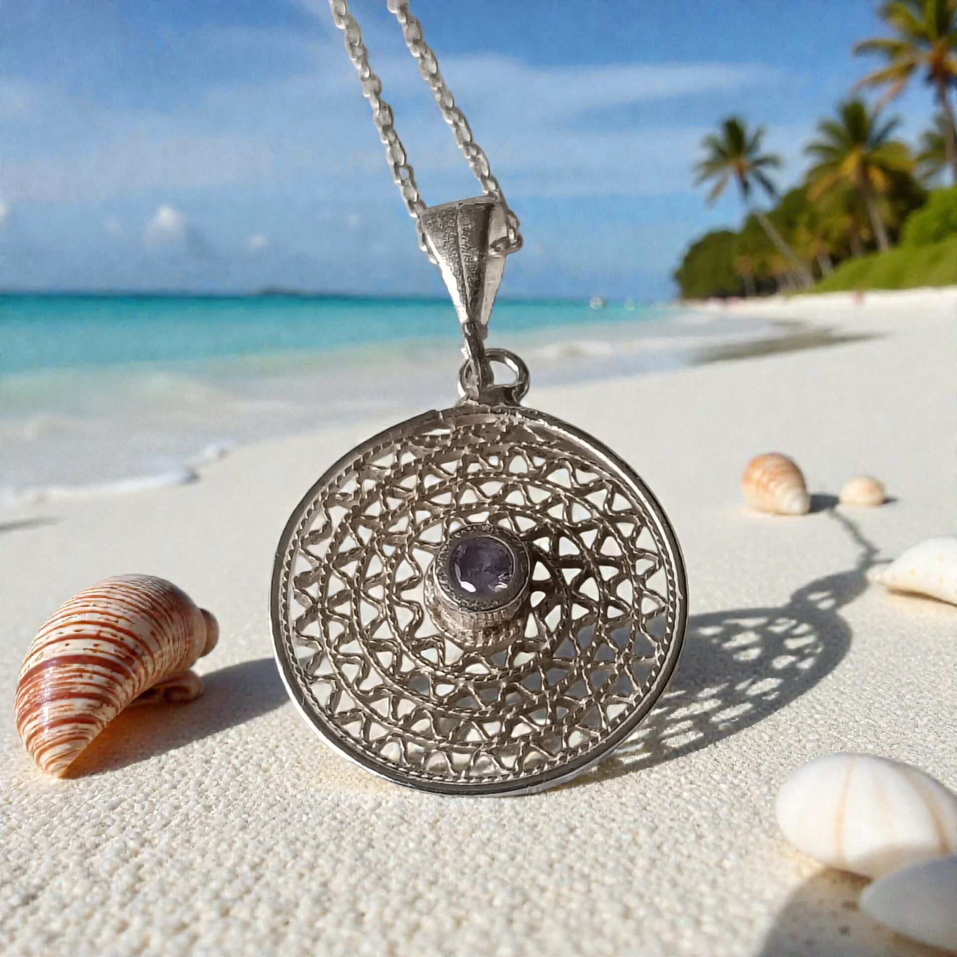 Telkari Yuvarlak Sim Dolgu Gümüş Kolye Ucu ve Gümüş Zincir