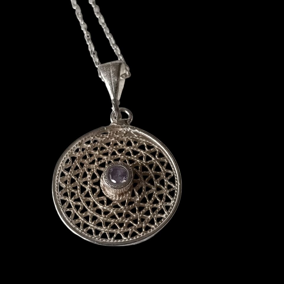 Telkari Yuvarlak Sim Dolgu Gümüş Kolye Ucu ve Gümüş Zincir