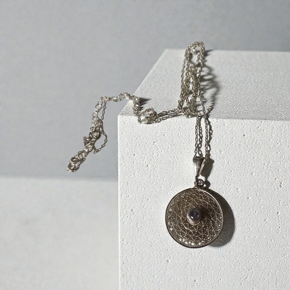 Telkari Yuvarlak Sim Dolgu Gümüş Kolye Ucu ve Gümüş Zincir