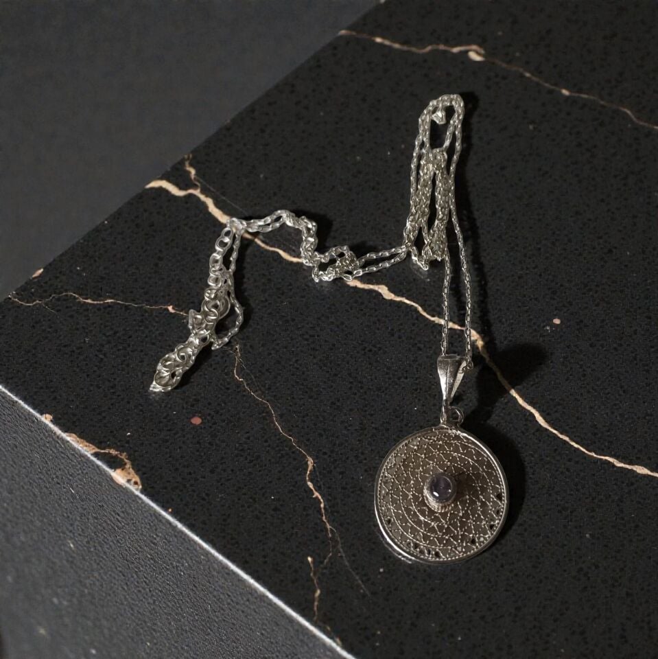 Telkari Yuvarlak Sim Dolgu Gümüş Kolye Ucu ve Gümüş Zincir