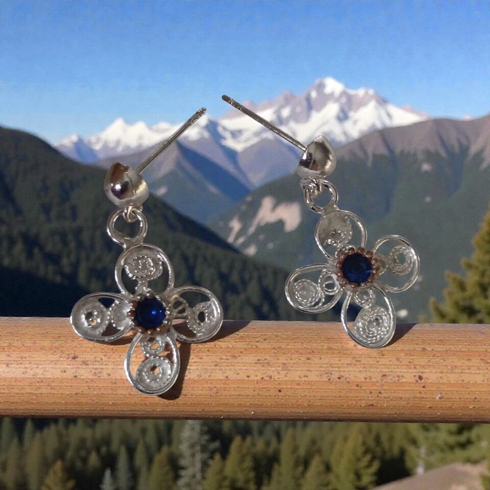 Telkari Gümüş Lacivert Zirkon Taşlı Küpeler