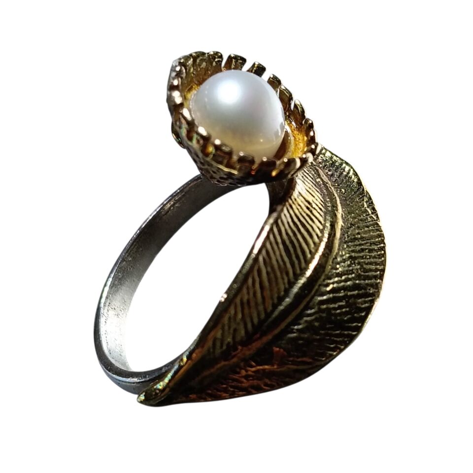 İnci Tanesi Gümüş & Prinç El Yapımı Yaprak Yüzük