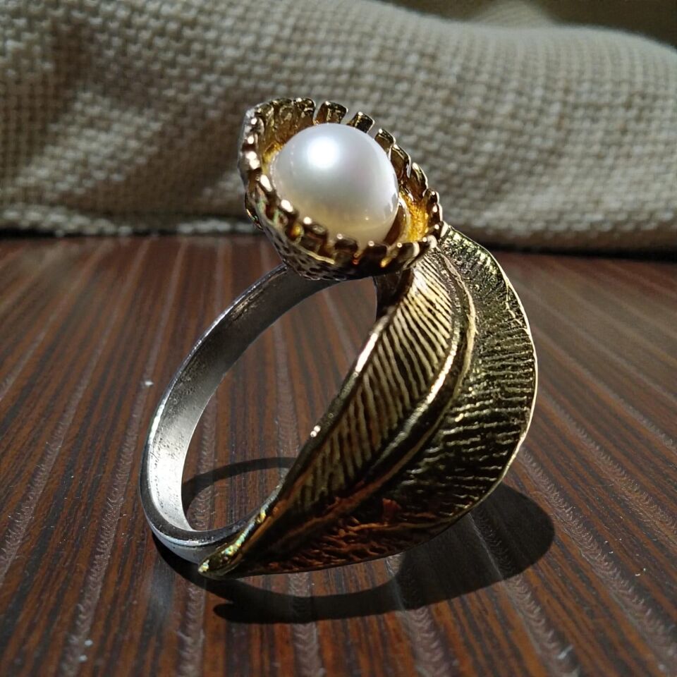 İnci Tanesi Gümüş & Prinç El Yapımı Yaprak Yüzük