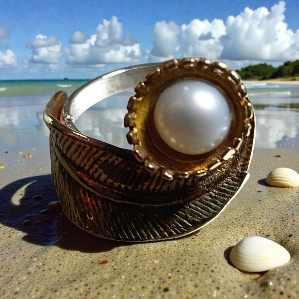 İnci Tanesi Gümüş & Prinç El Yapımı Yaprak Yüzük