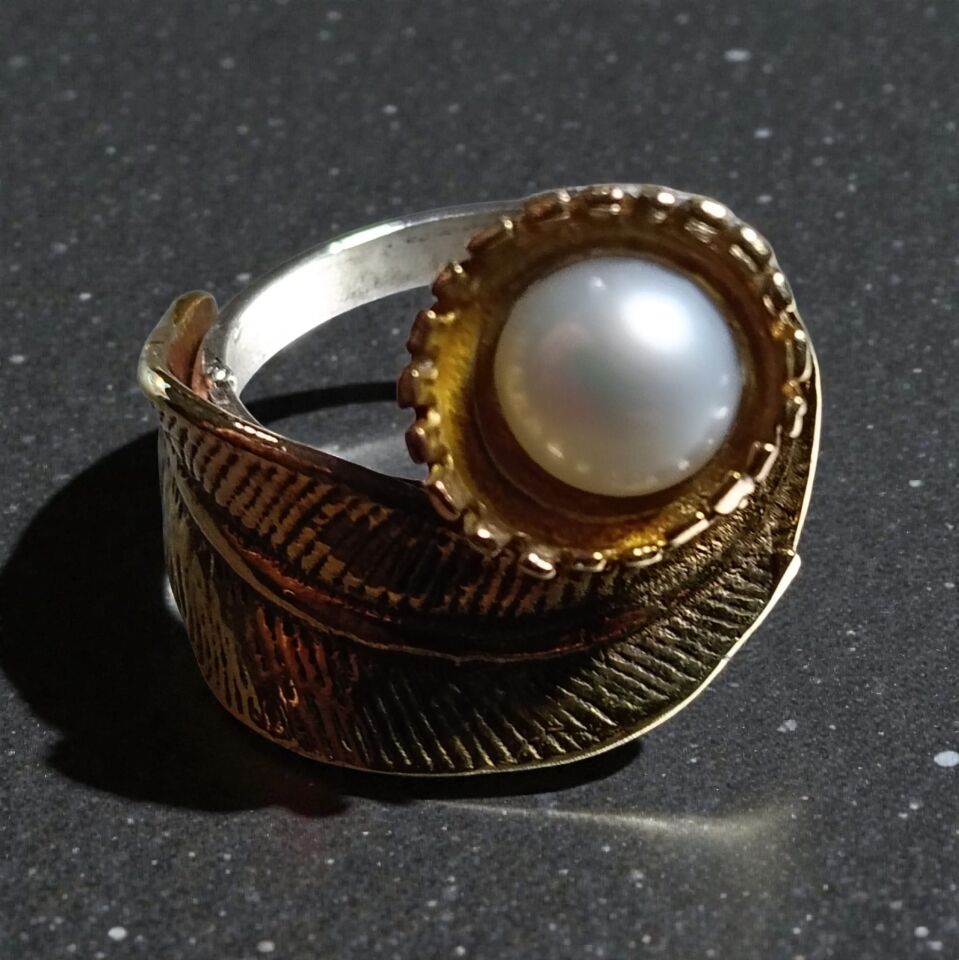 İnci Tanesi Gümüş & Prinç El Yapımı Yaprak Yüzük