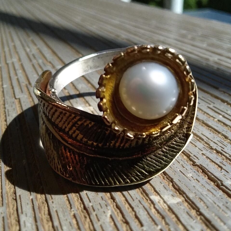 İnci Tanesi Gümüş & Prinç El Yapımı Yaprak Yüzük