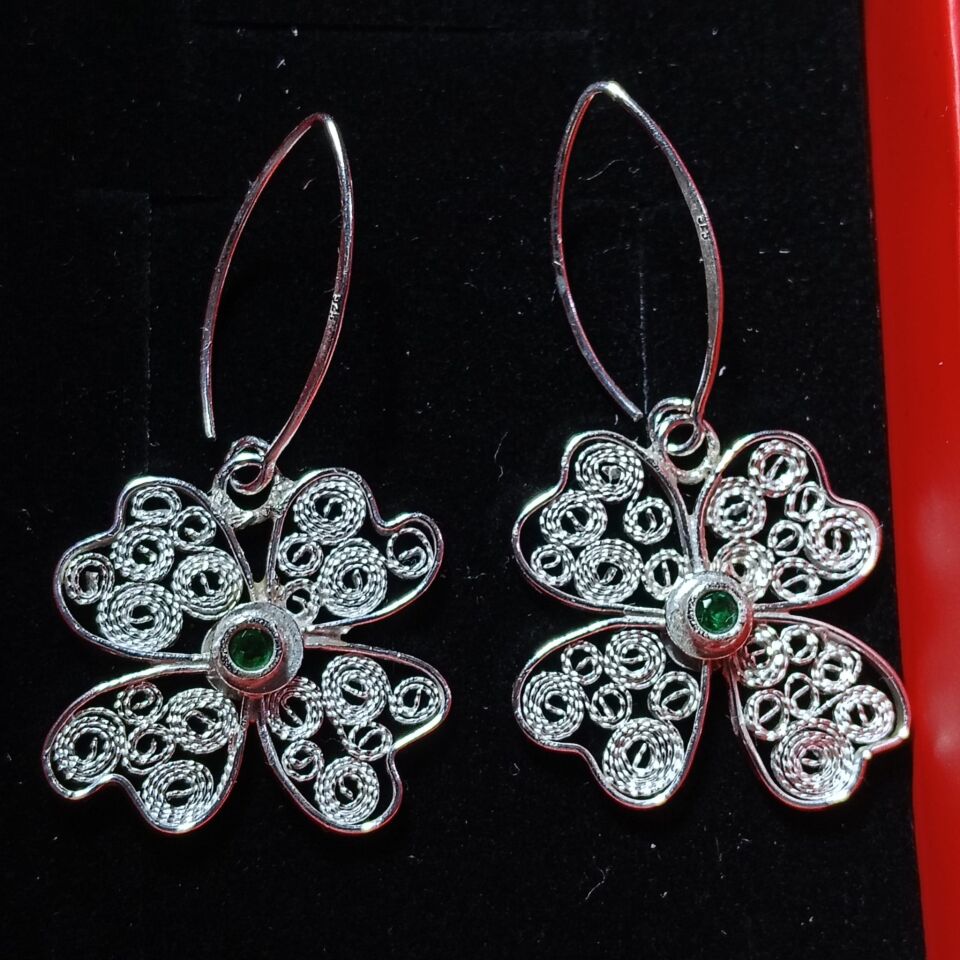 Telkari Gümüş Dört Yapraklı Yonca Gümüş Küpeler