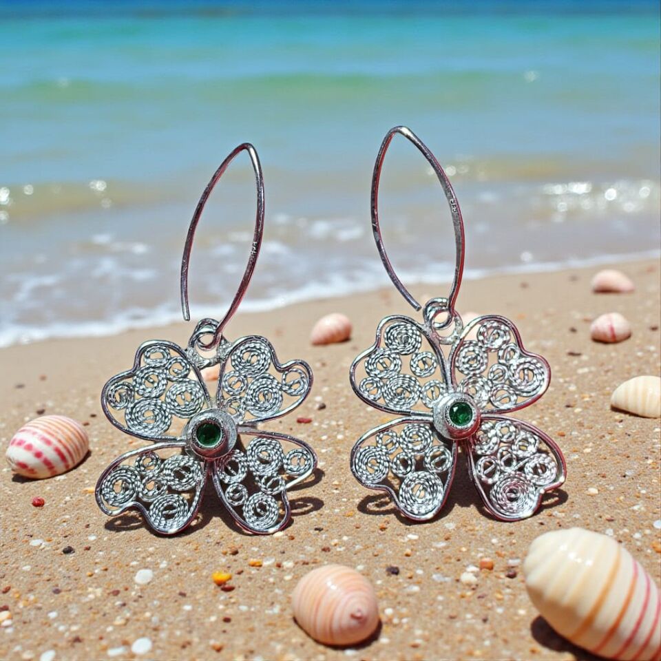 Telkari Gümüş Dört Yapraklı Yonca Gümüş Küpeler