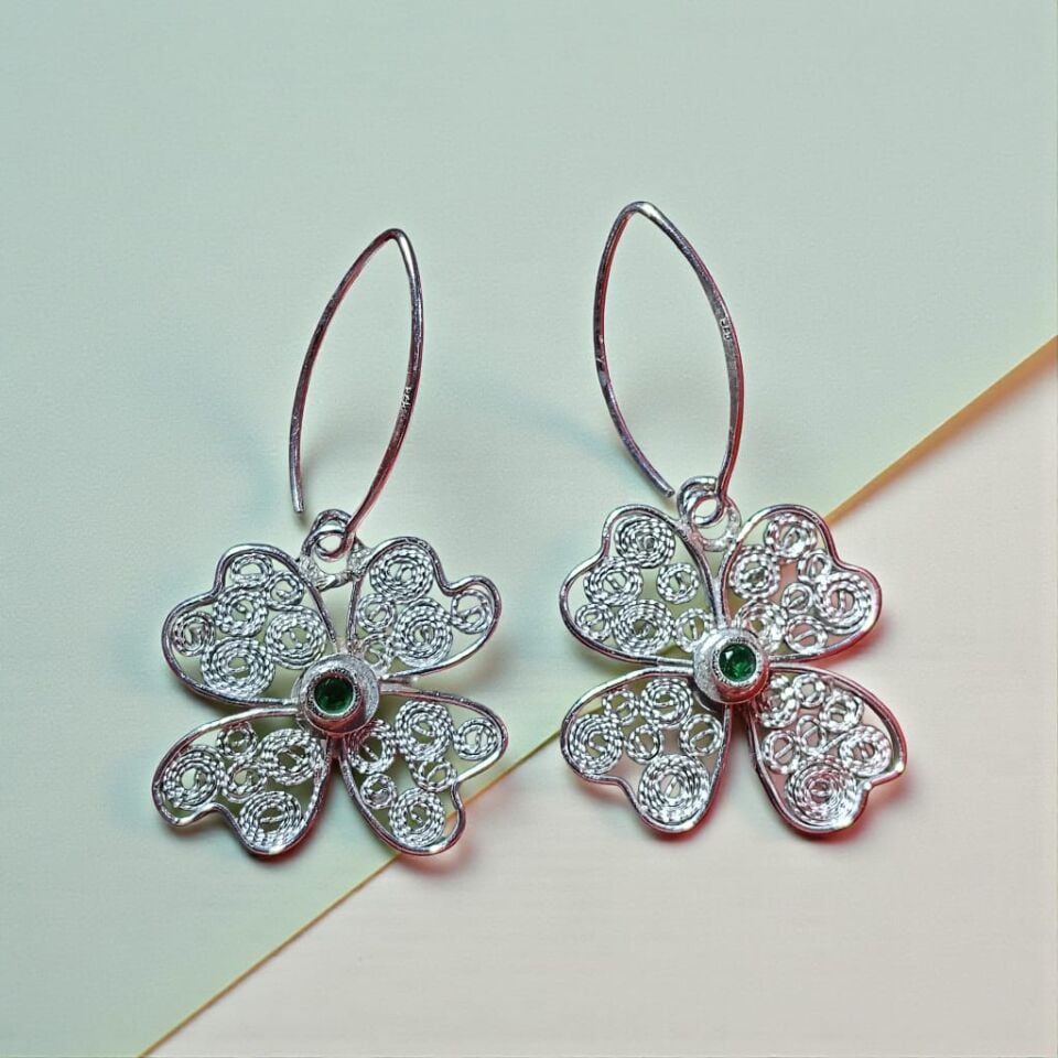 Telkari Gümüş Dört Yapraklı Yonca Gümüş Küpeler