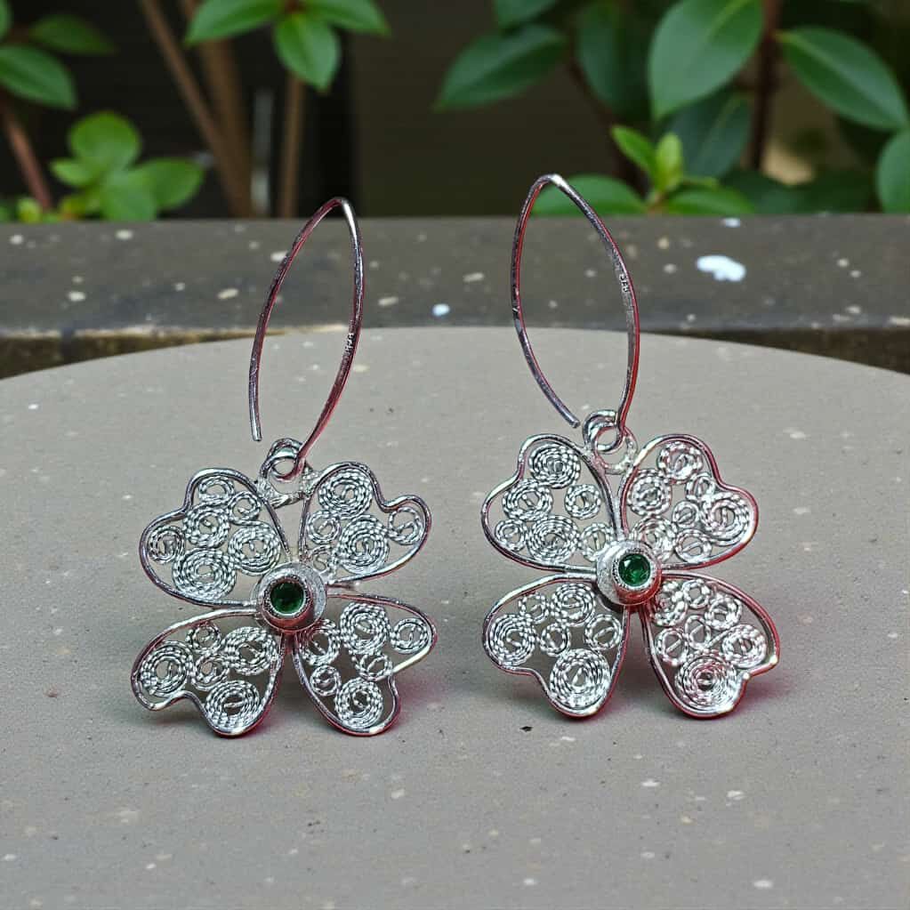 Telkari Gümüş Dört Yapraklı Yonca Gümüş Küpeler