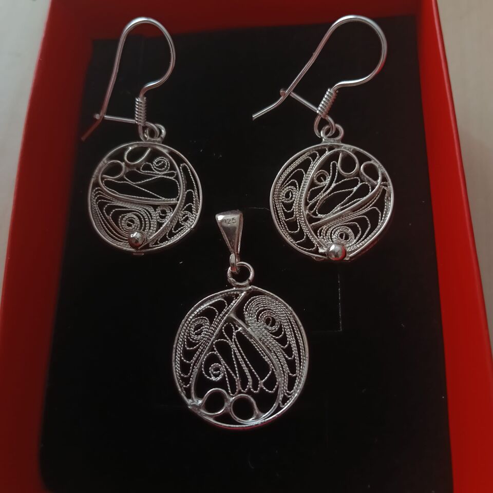 Telkari Gümüş El Yapımı Küpe ve Kolye Ucu Özel Tasarım Set