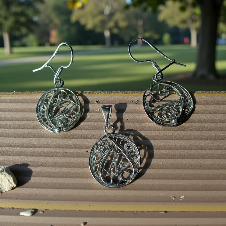 Telkari Gümüş El Yapımı Küpe ve Kolye Ucu Özel Tasarım Set