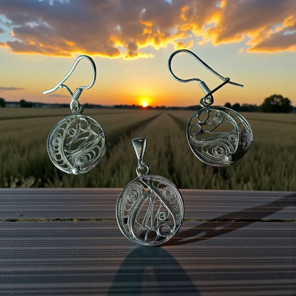 Telkari Gümüş El Yapımı Küpe ve Kolye Ucu Özel Tasarım Set