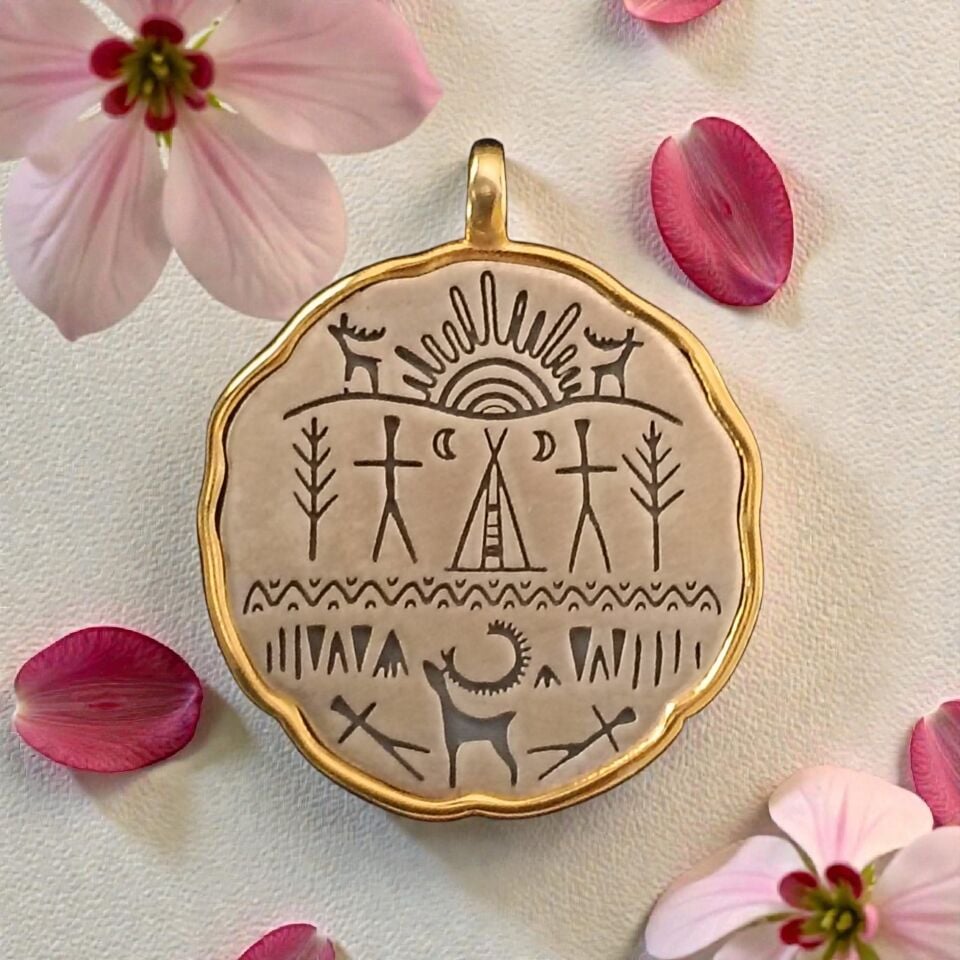 Gümüş ve Altın Kaplama Kam Davulu Desenli Tasarım Kolye