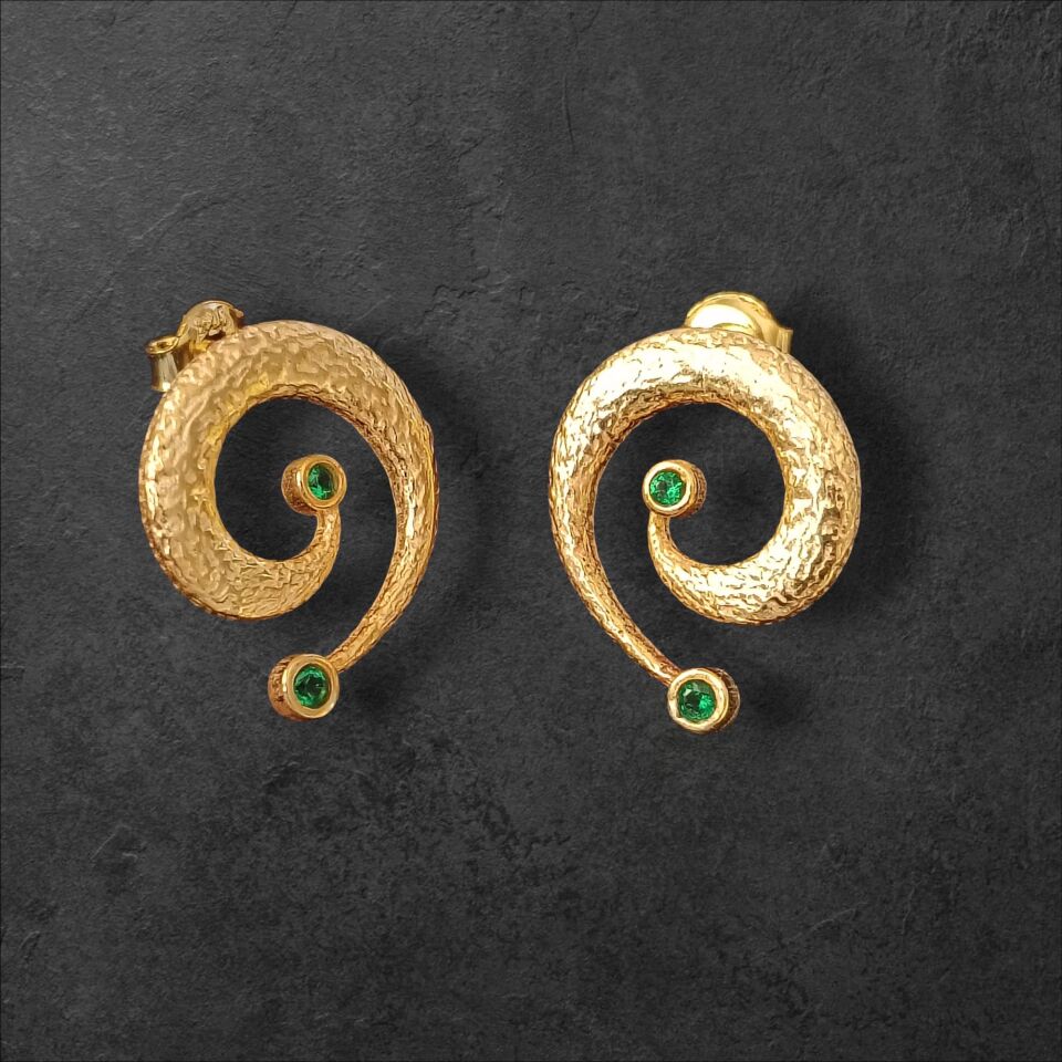 Altın Kaplama 925 Ayar Gümüş Spiral Zirkon Taşlı Küpeler