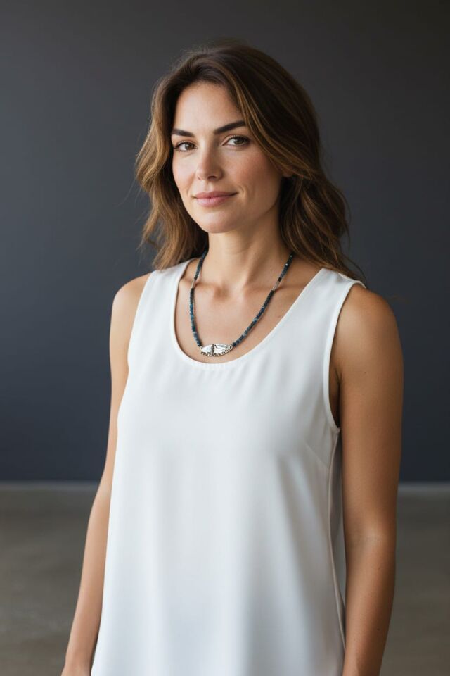 El Yapımı Gümüş Galata Kulesi & Deniz ve Balık Konseptli Apatit Doğal Taşlı ve Barok İncili Kolye