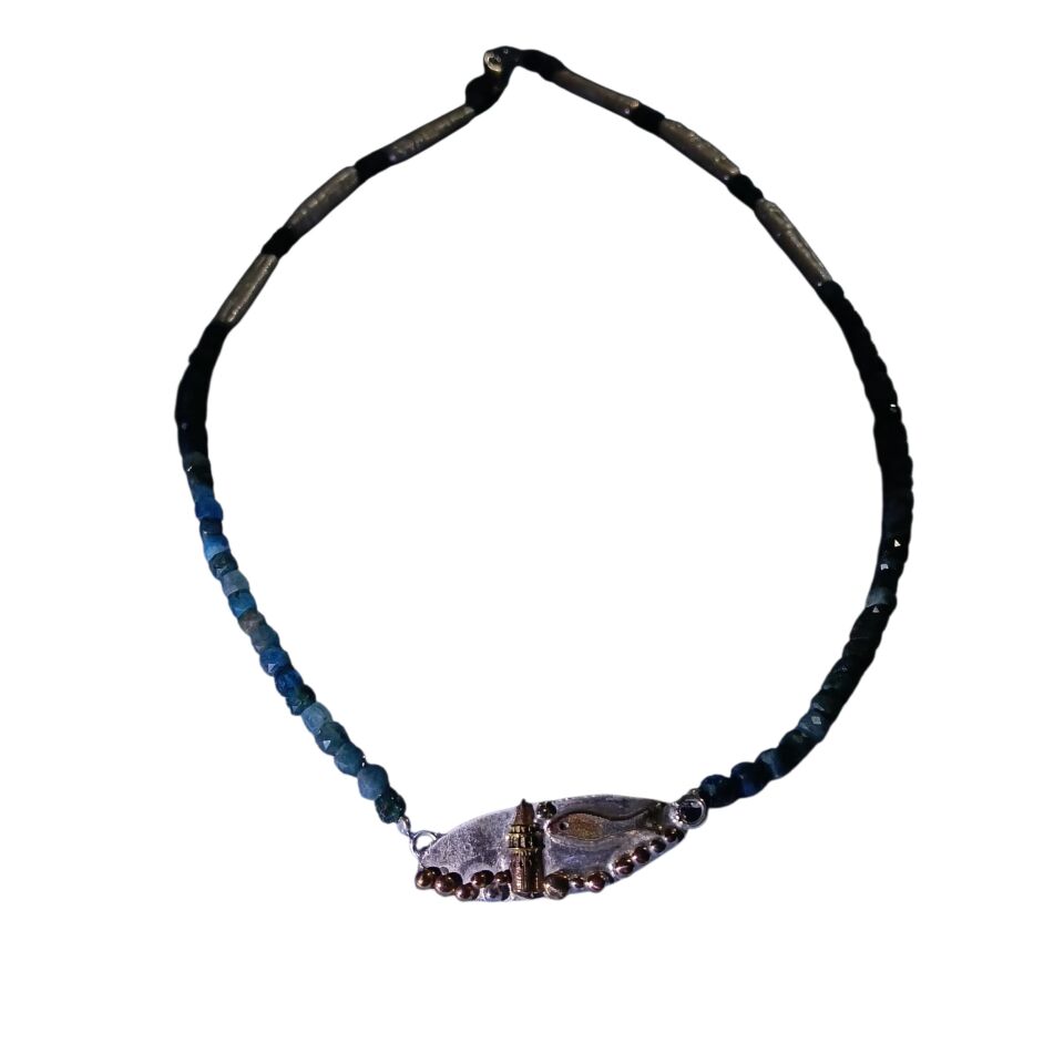 El Yapımı Gümüş Galata Kulesi & Deniz ve Balık Konseptli Apatit Doğal Taşlı ve Barok İncili Kolye