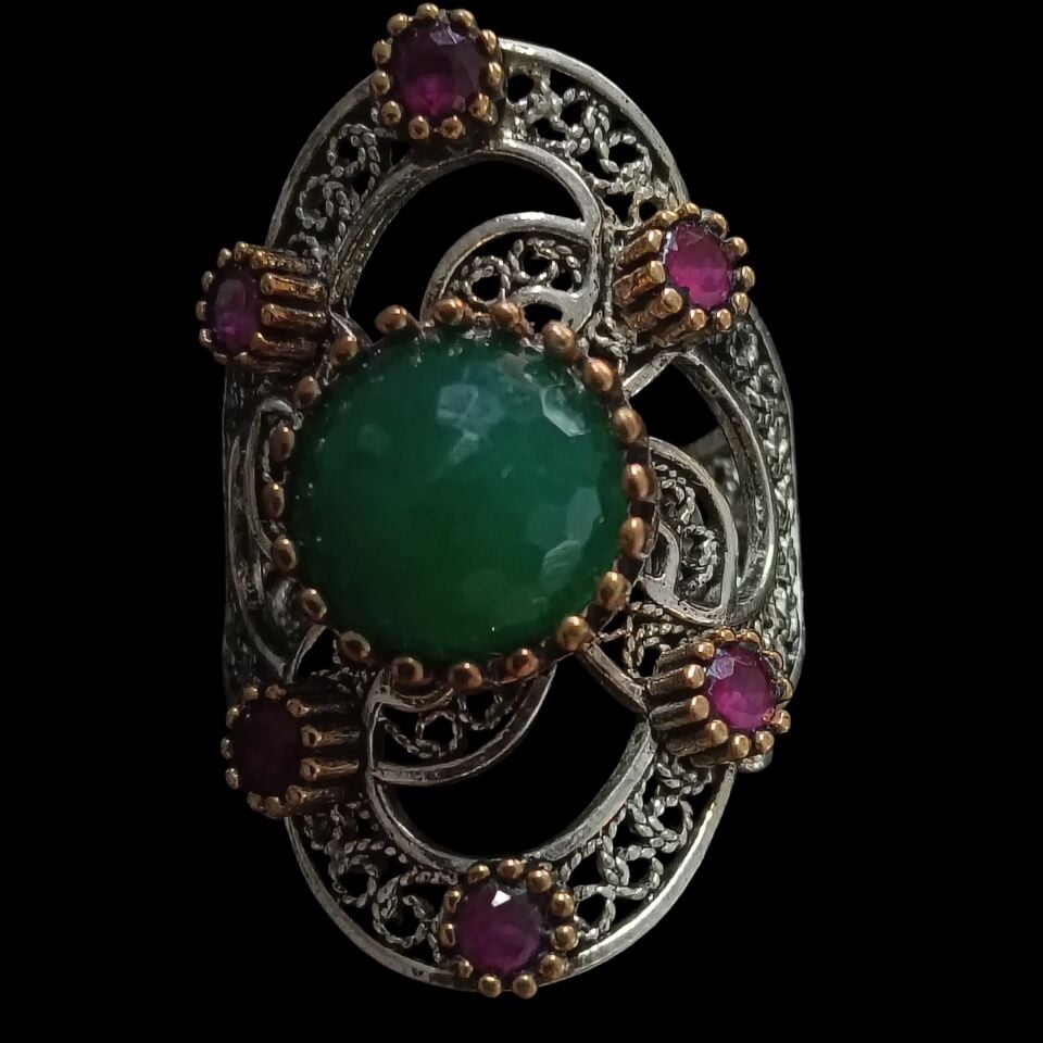 Telkari Gümüş Yeşil Akik ve Kırmızı Zirkon Taşlı 925 Ayar Gümüş Yüzük