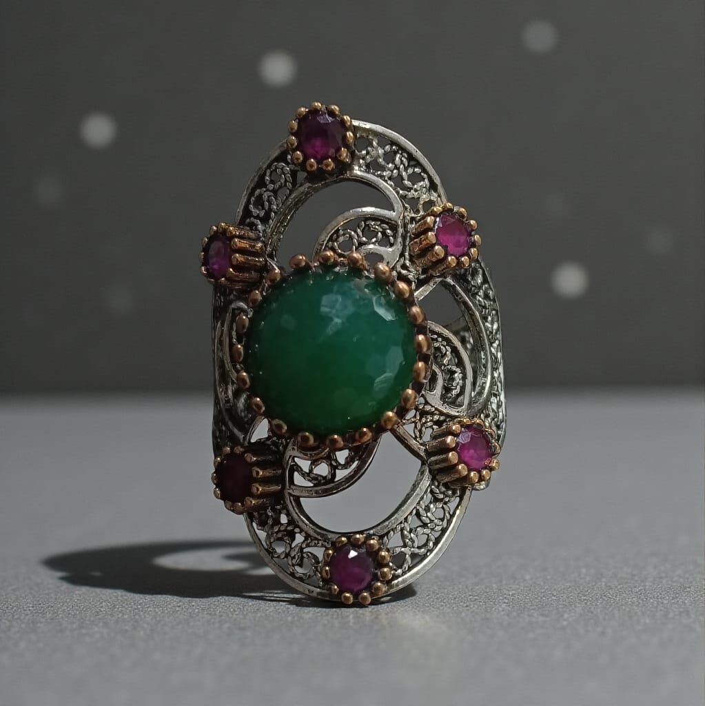 Telkari Gümüş Yeşil Akik ve Kırmızı Zirkon Taşlı 925 Ayar Gümüş Yüzük