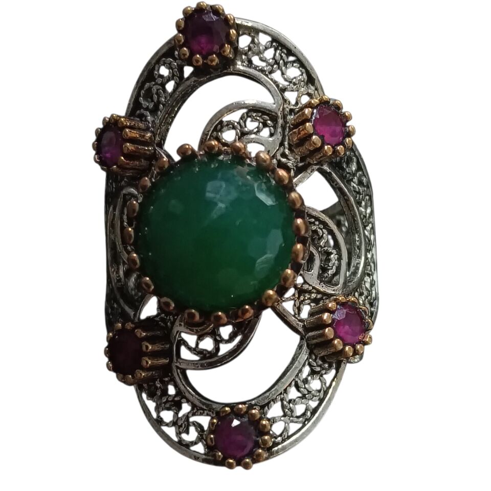 Telkari Gümüş Yeşil Akik ve Kırmızı Zirkon Taşlı 925 Ayar Gümüş Yüzük