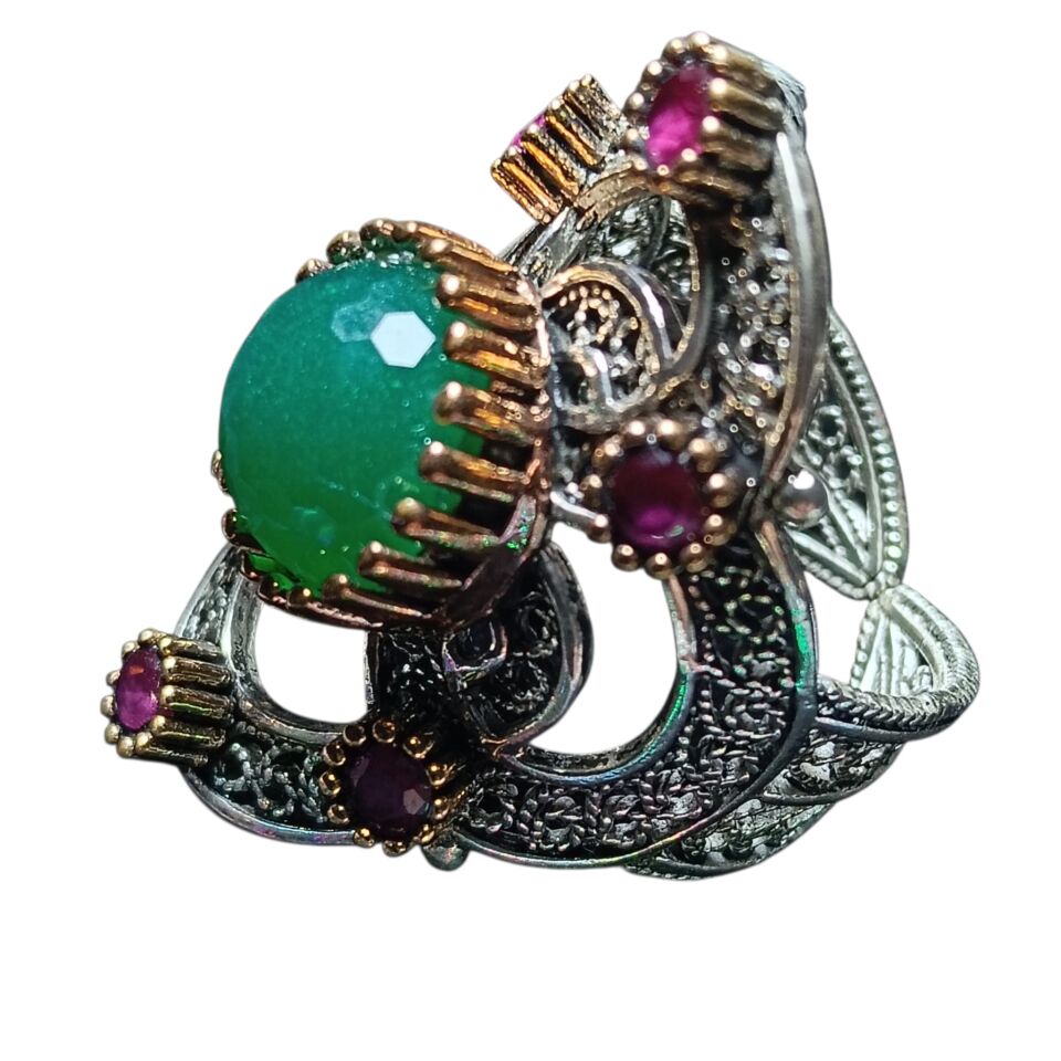 Telkari Gümüş Yeşil Akik ve Kırmızı Zirkon Taşlı 925 Ayar Gümüş Yüzük