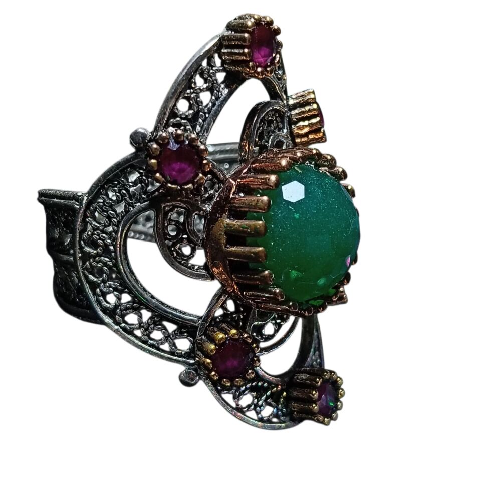 Telkari Gümüş Yeşil Akik ve Kırmızı Zirkon Taşlı 925 Ayar Gümüş Yüzük