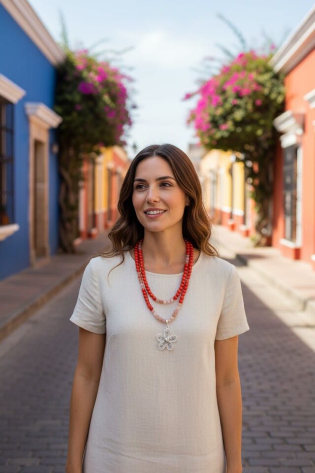 Telkari Gümüş Papatya ve Mercan & Pembe Akik Taşlı Dizi Kolye