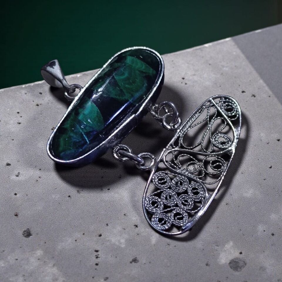 Malahit Taşlı Özel Tasrım Telkari Gümüş Kolye