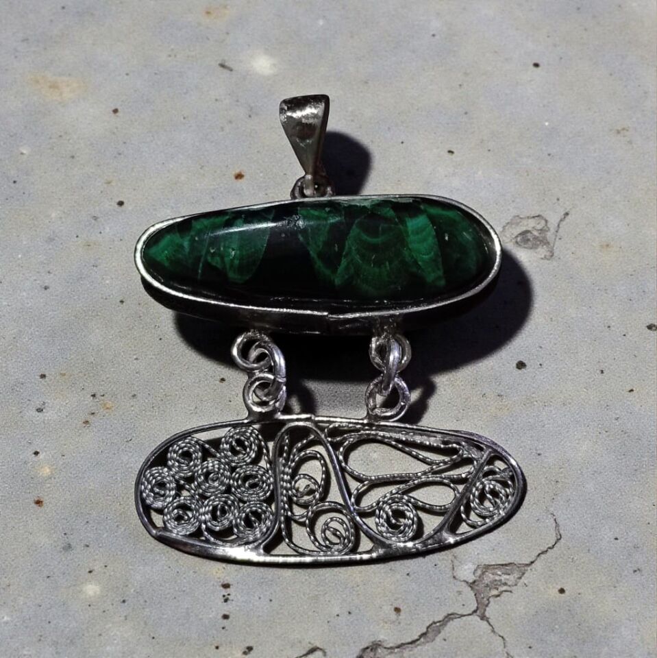 Malahit Taşlı Özel Tasrım Telkari Gümüş Kolye