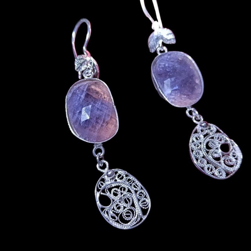 Mor & Lila Rengi Safir Taşlı Telkari Gümüş El Yapımı Küpeler