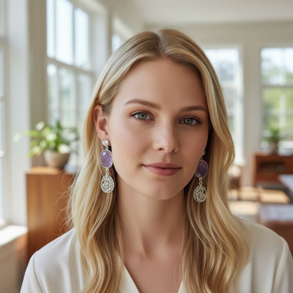 Mor & Lila Rengi Safir Taşlı Telkari Gümüş El Yapımı Küpeler