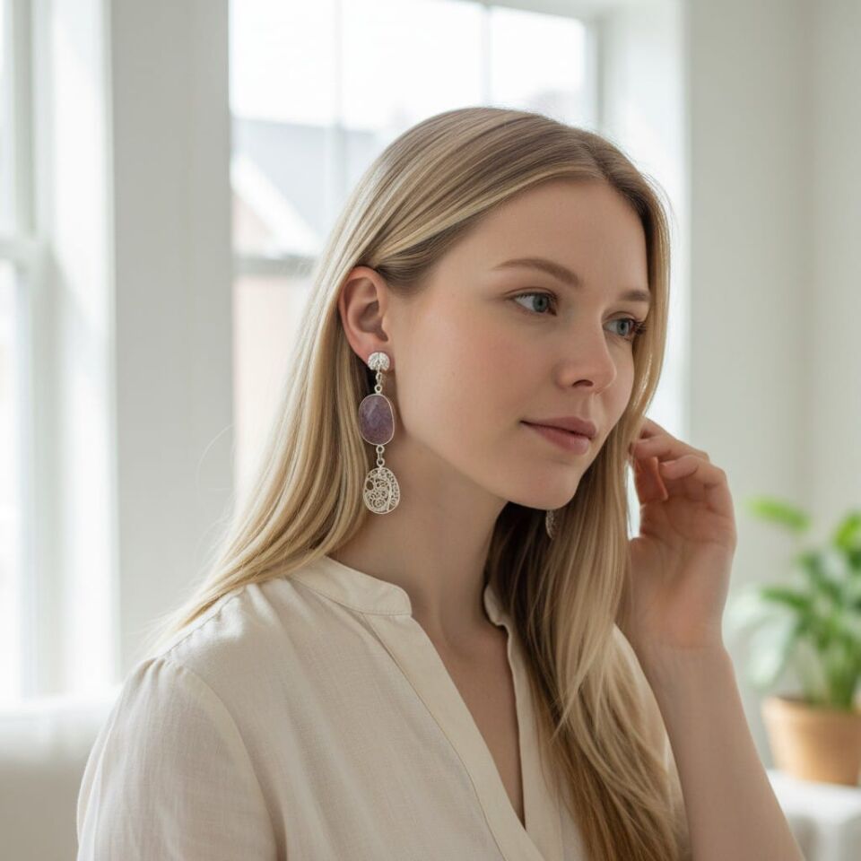 Mor & Lila Rengi Safir Taşlı Telkari Gümüş El Yapımı Küpeler