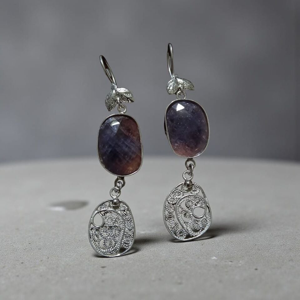 Mor & Lila Rengi Safir Taşlı Telkari Gümüş El Yapımı Küpeler