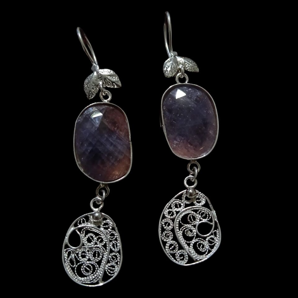 Mor & Lila Rengi Safir Taşlı Telkari Gümüş El Yapımı Küpeler
