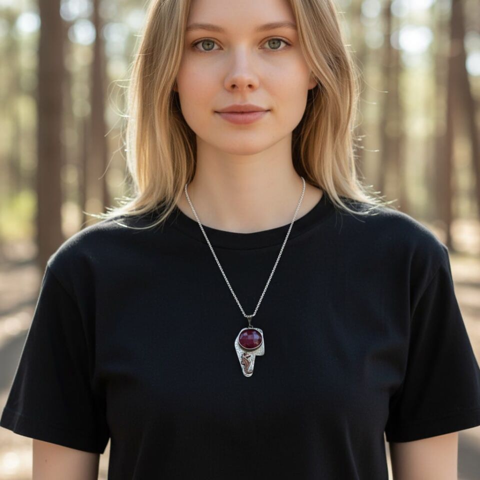 Kırmızı Safir Taşlı Deniz Atı Gümüş Şans Kolyesi