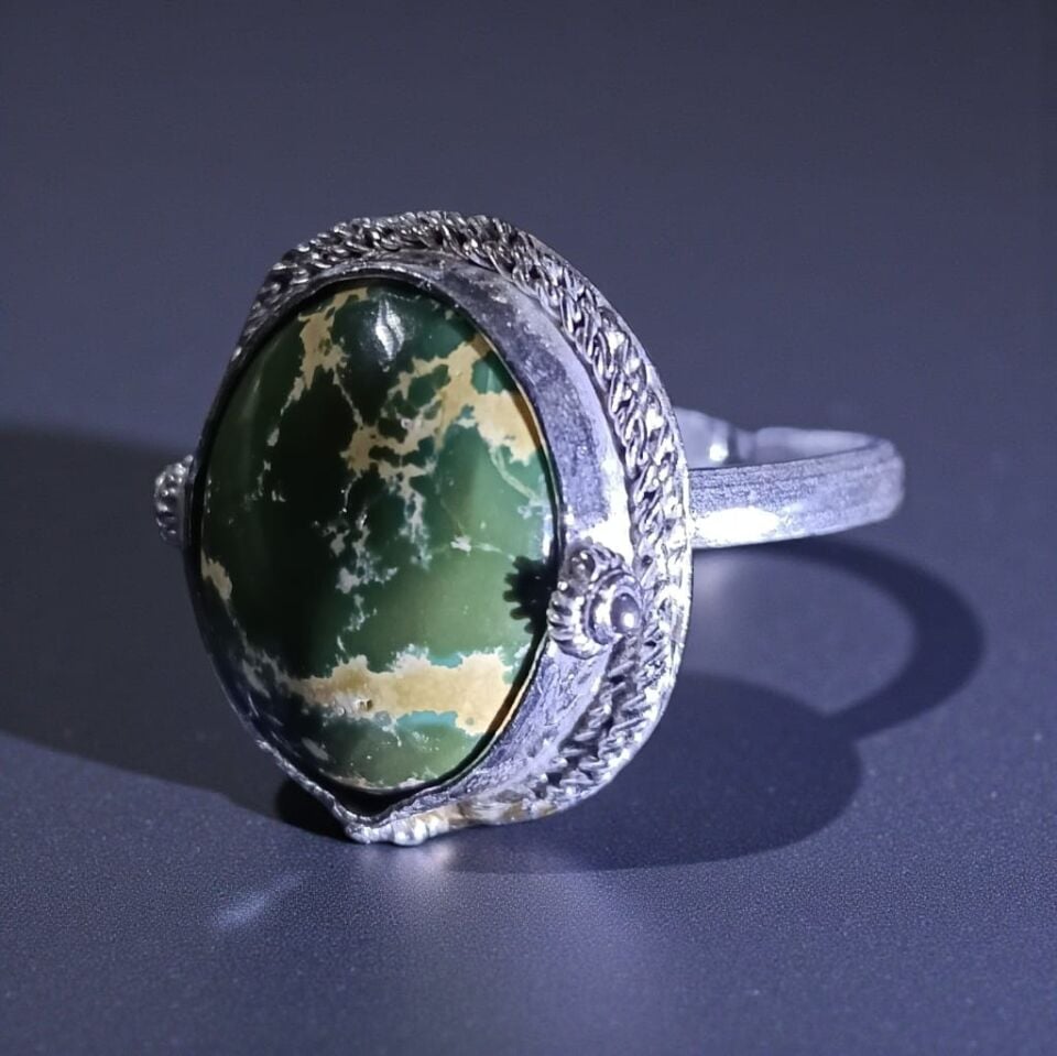 Yeşil İran Firuzesi Taşlı El Yapımı Ayarlanabilir Gümüş Yüzük
