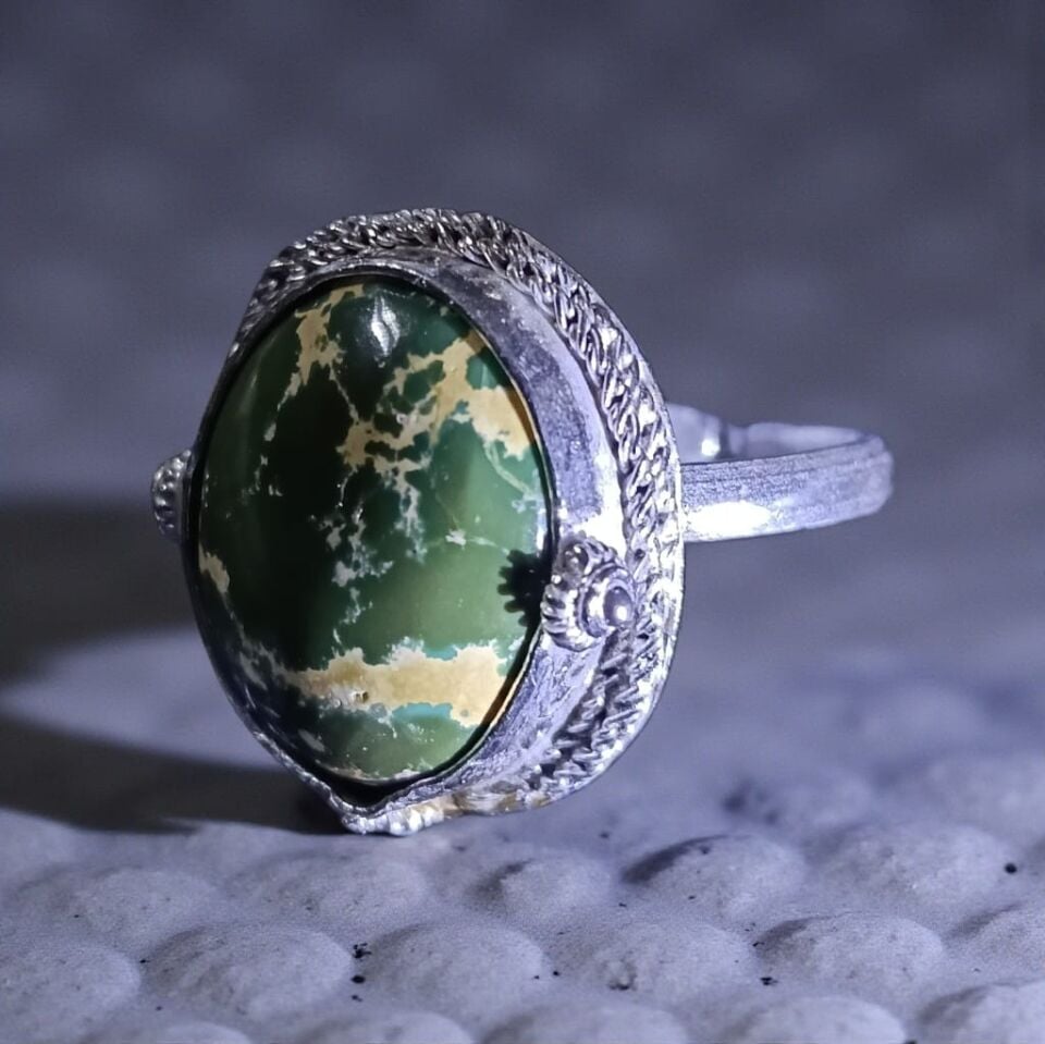 Yeşil İran Firuzesi Taşlı El Yapımı Ayarlanabilir Gümüş Yüzük