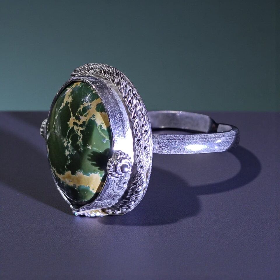 Yeşil İran Firuzesi Taşlı El Yapımı Ayarlanabilir Gümüş Yüzük