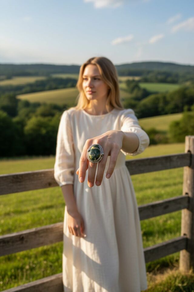 Yeşil İran Firuzesi Taşlı El Yapımı Ayarlanabilir Gümüş Yüzük