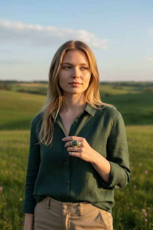 Yeşil İran Firuzesi Taşlı El Yapımı Ayarlanabilir Gümüş Yüzük