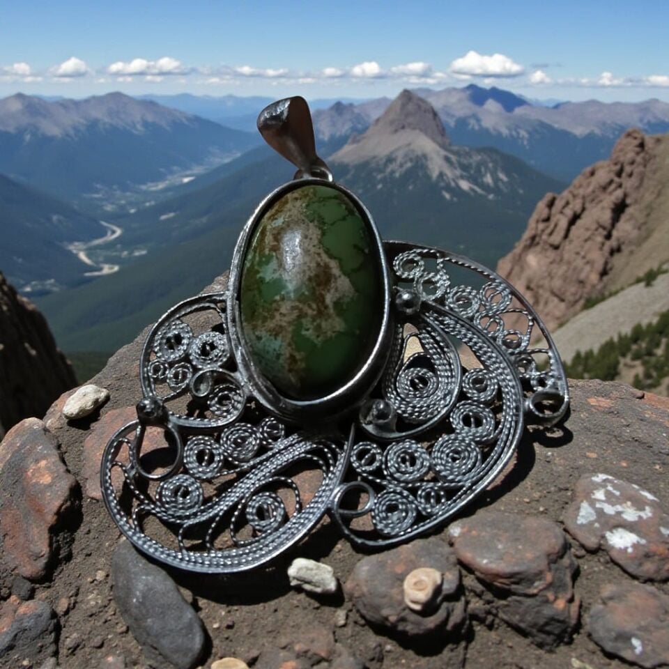 İran Firuzesi Telkari Gümüş El Yapımı Kolye