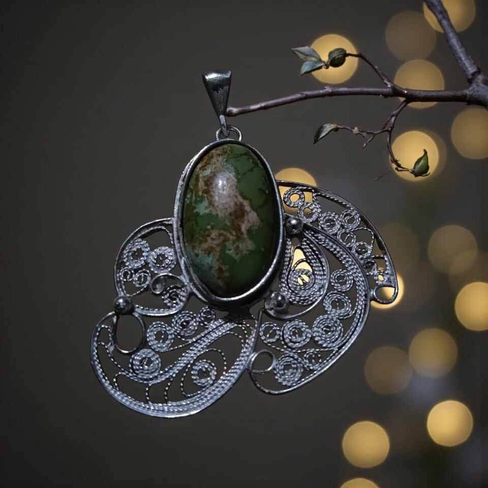 İran Firuzesi Telkari Gümüş El Yapımı Kolye